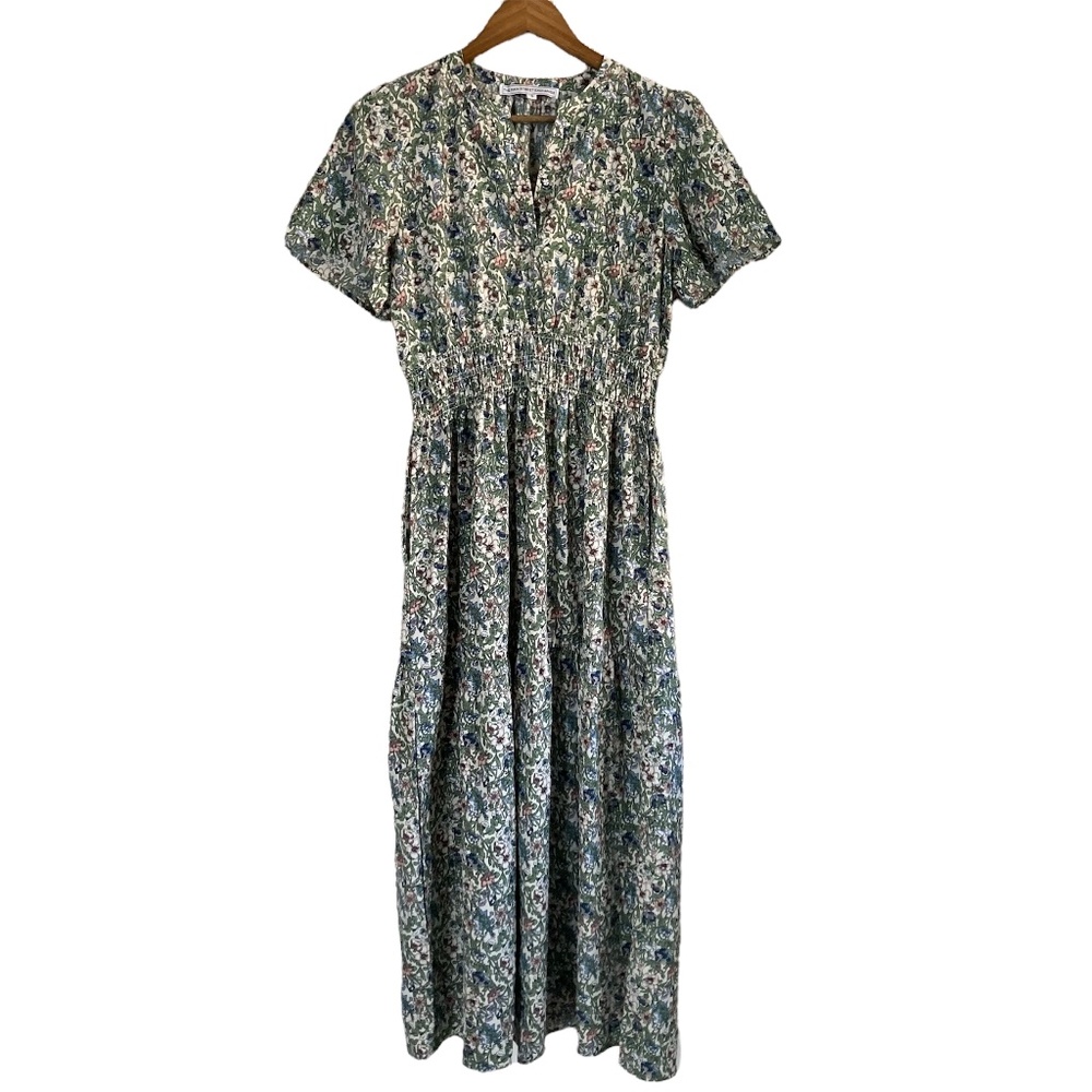 Flutter Sleeve Midi Length Tiered Skirt Dress Ditzy Dark Floral